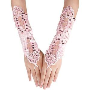 Women's A-Pink Sequins Beads Fingerless Satin Gloves Party Prom Accessories